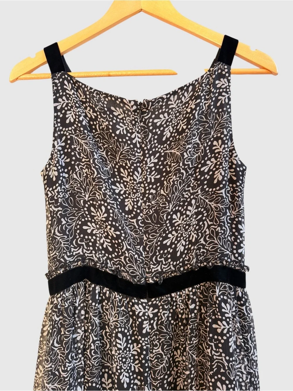 Loft black white floral velvet detail ruffle midi dress